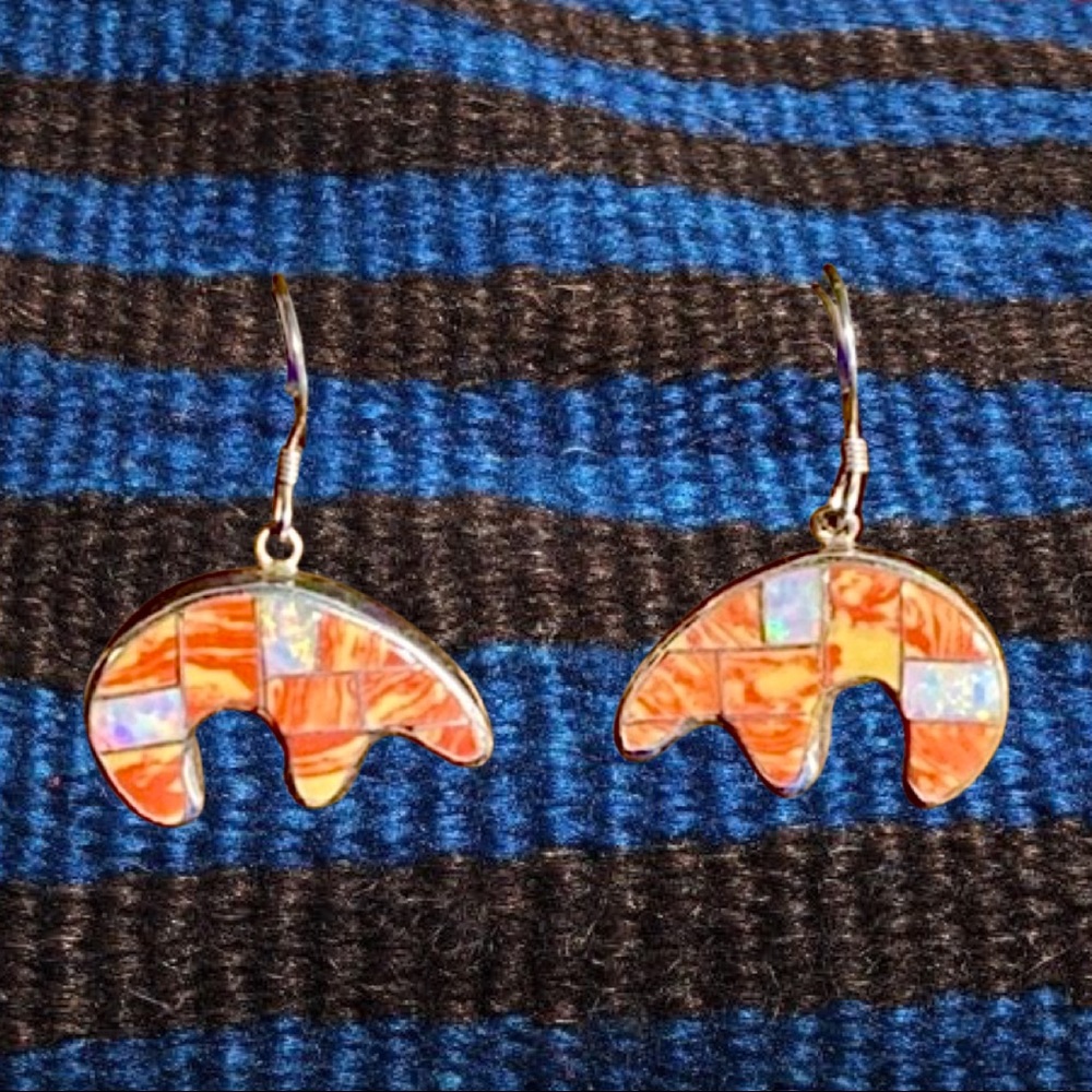 Sterling Silver Spiny Oyster/Opalite Bear Earrings
